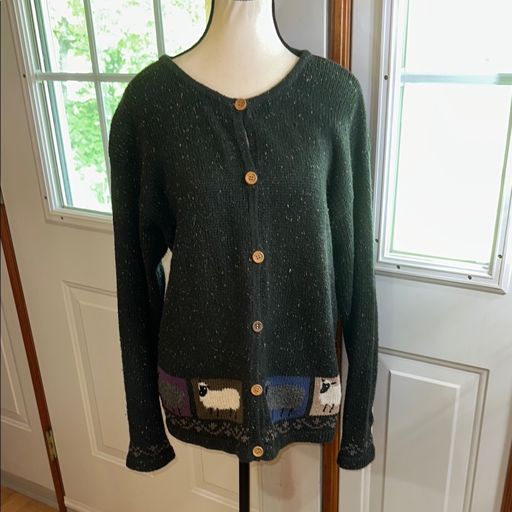 Fiberworks Green Sheep Pattern Cardigan Sweater